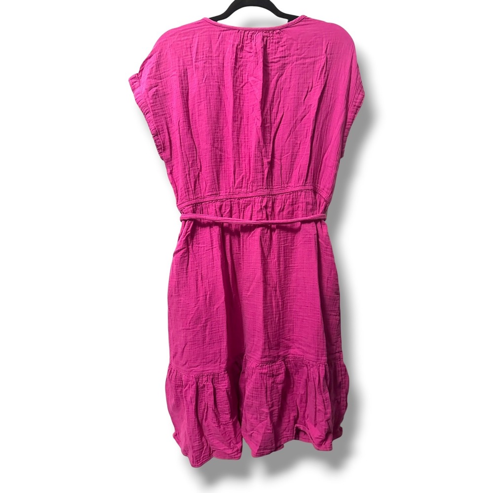 Gap Crinkle Gauze Tiered V-Neck Dress Cotton Pockets Fuschia Pink L - Picture 3 of 11
